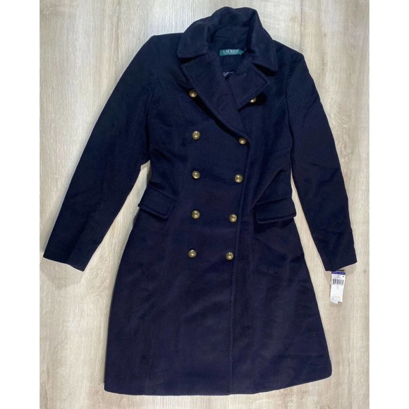 Polo Ralph Lauren Women 2 Navy Wool Coat Double Breasted Military Maxi $299